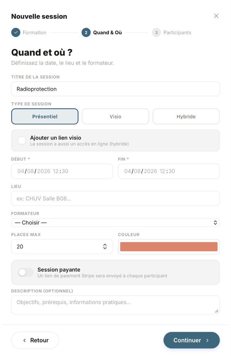 Écran SwissLMS : création d’une nouvelle session de formation