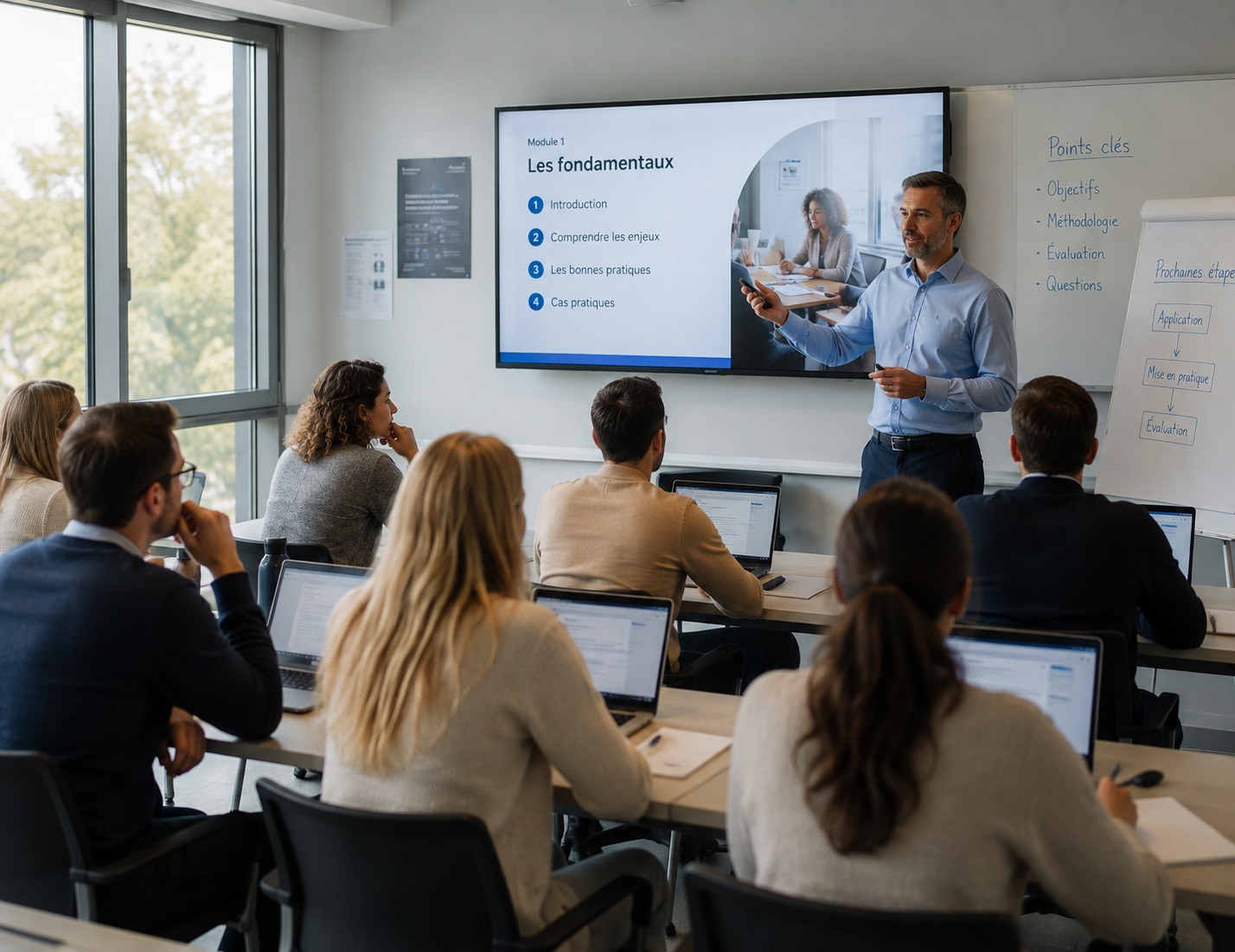 Formateur animant une session en présentiel devant un groupe d’apprenants